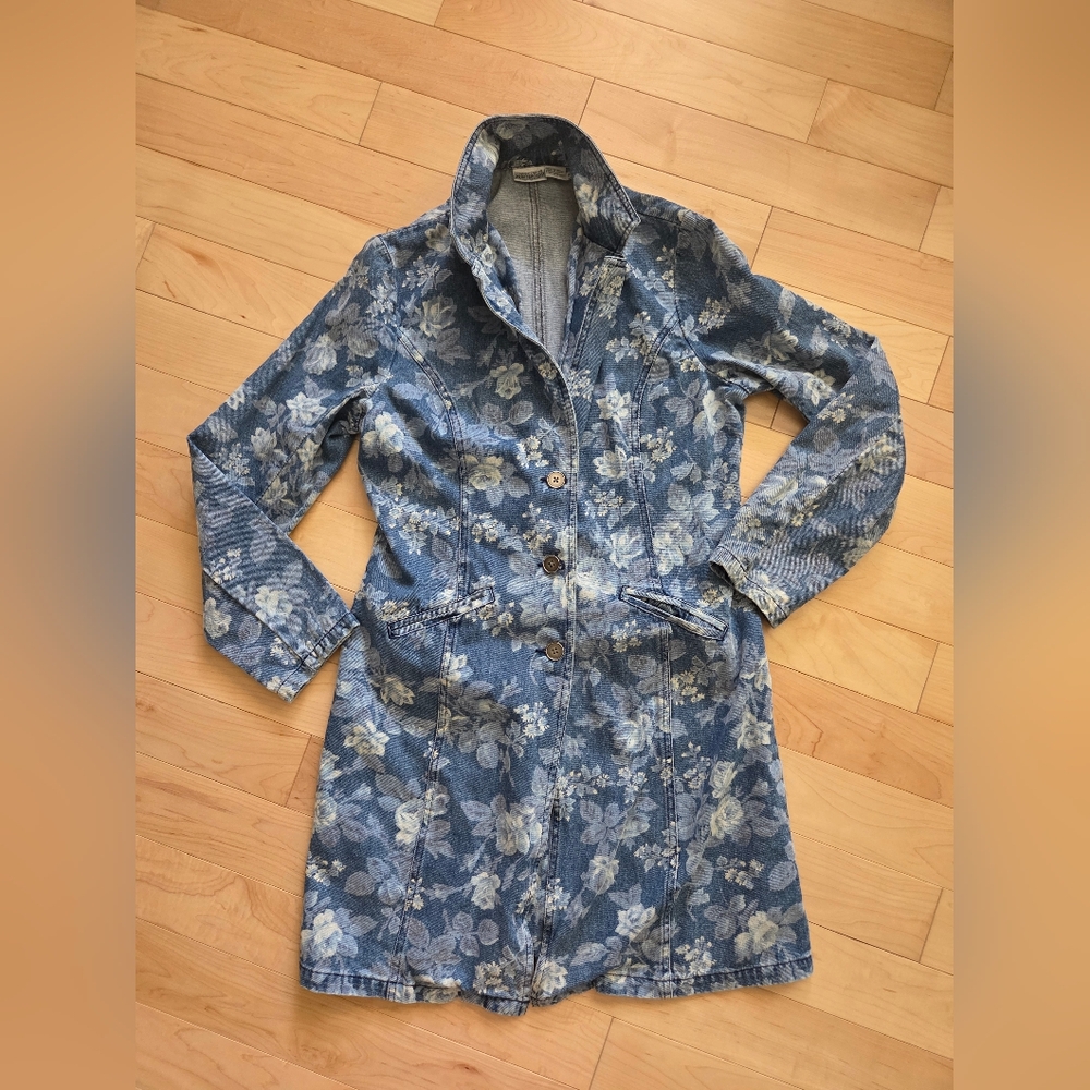 Vintage Newport News Blue Floral Denim Trench Coat